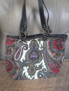 Talbots Vintage Paisley Tapestry Large Tote Bag w/ Black Leather Straps ~ Bin 1J